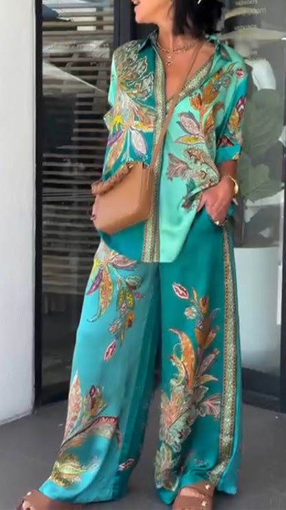 Printed Collar Top & Pants Set