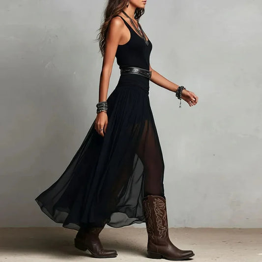 Ravenna | Black Mesh Pleated High-Waist Dress