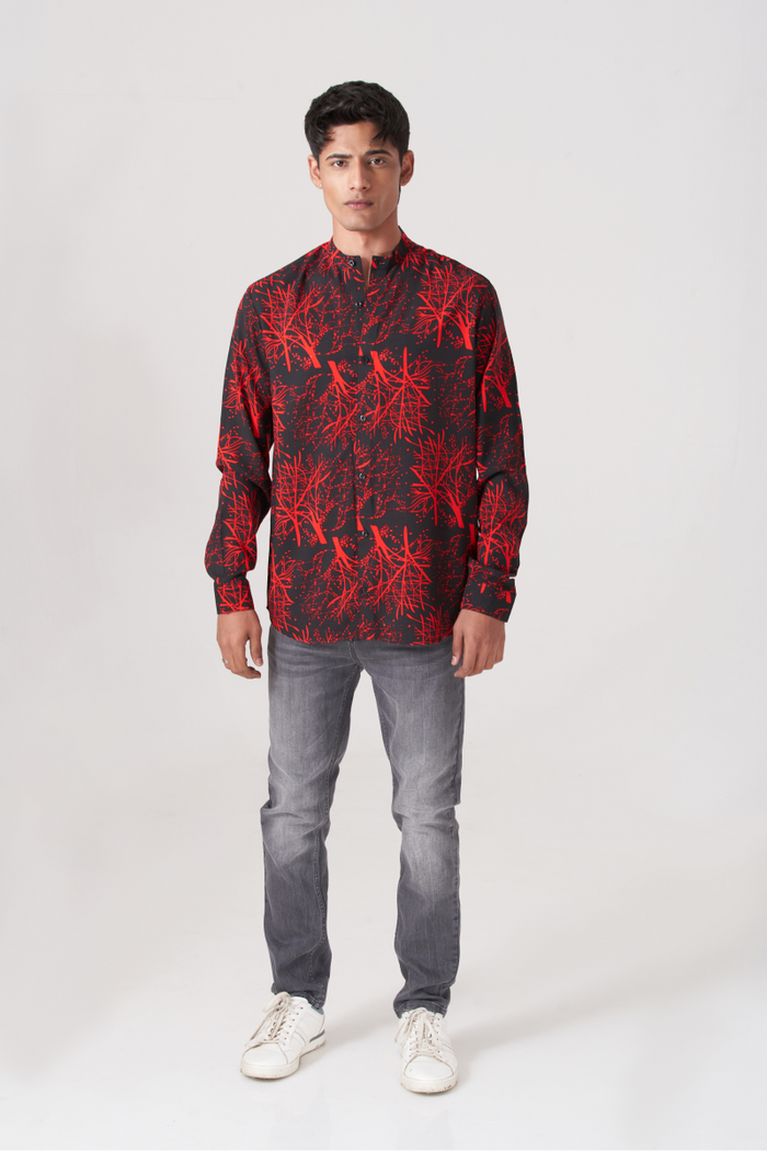 Red And Black Men's Fusion Style Casual Shirt