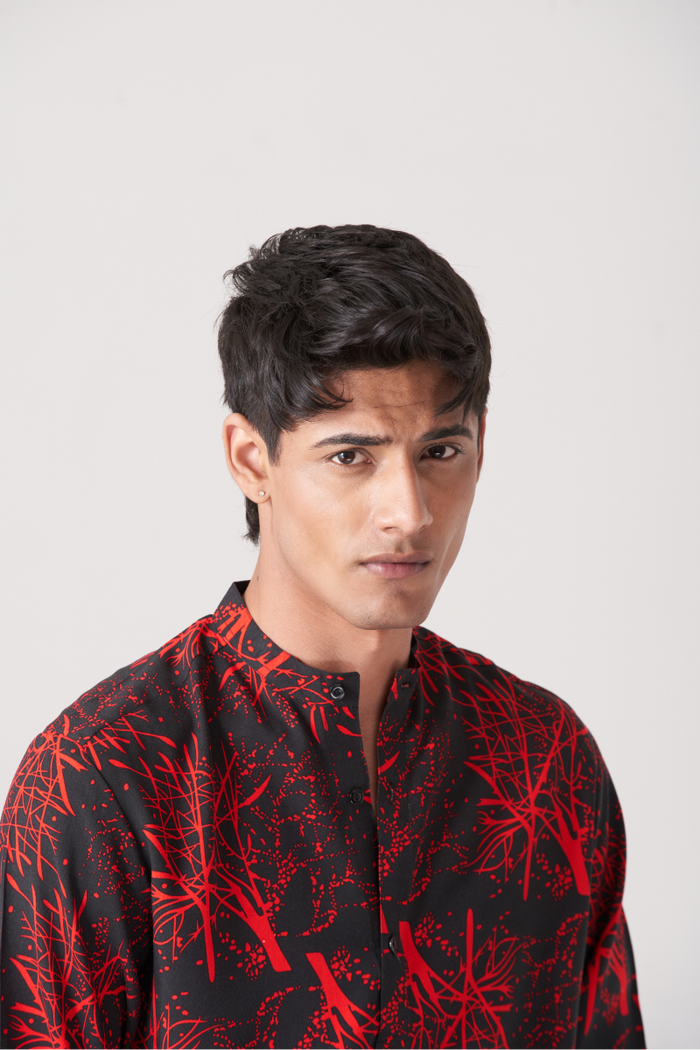Red And Black Men's Fusion Style Casual Shirt