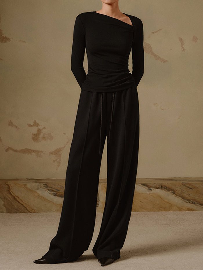 Ribbed Asymmetric Long Sleeve Knit Top