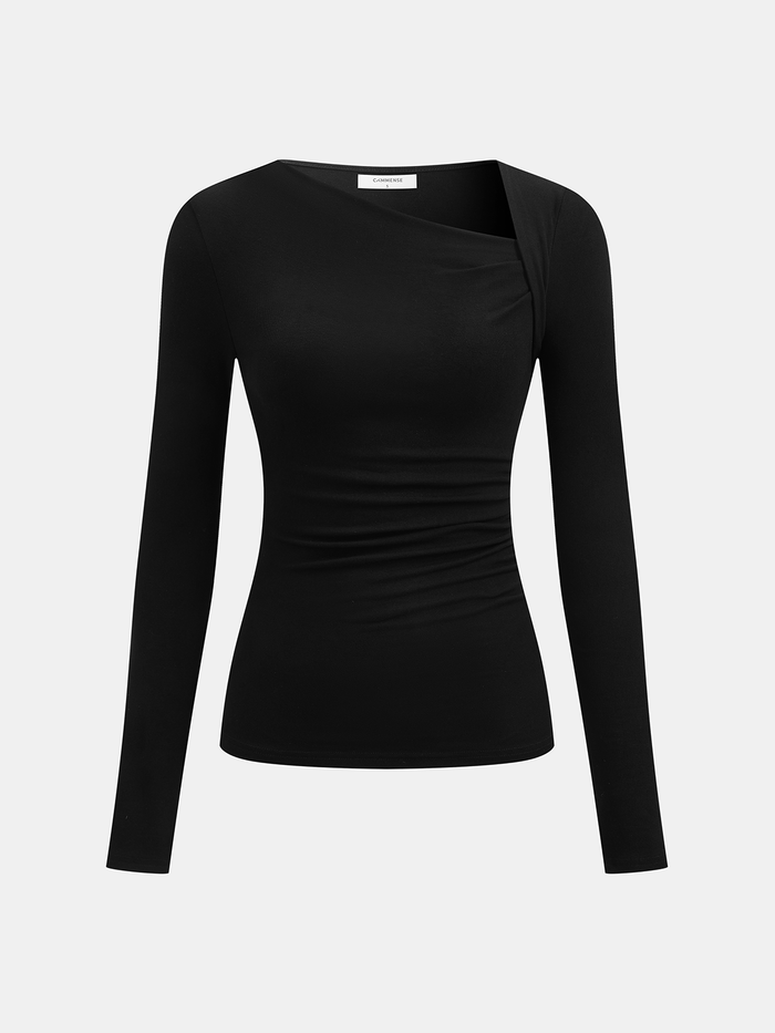 Ribbed Asymmetric Long Sleeve Knit Top