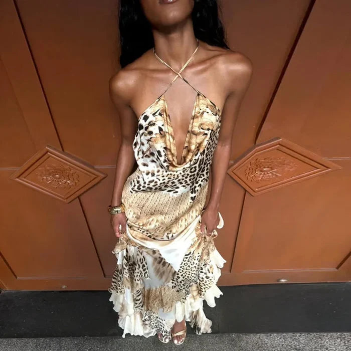 Selena | Leopard Halter Mermaid Maxi Dress