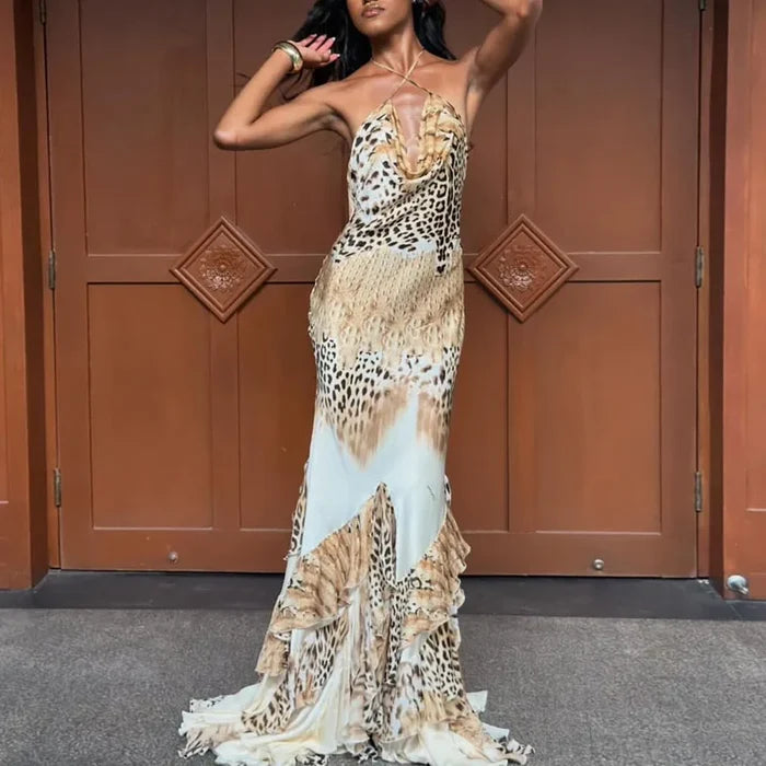 Selena | Leopard Halter Mermaid Maxi Dress