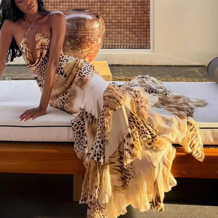 Selena | Leopard Halter Mermaid Maxi Dress