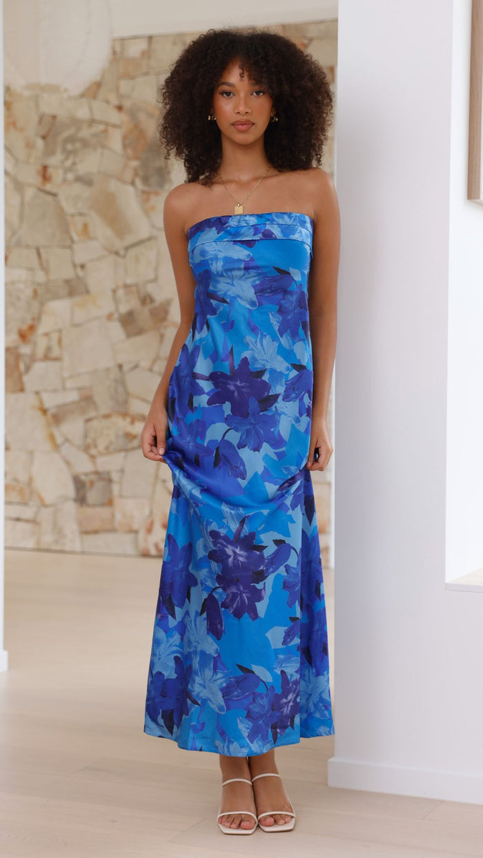 Strapless Blue Floral Open-Back Maxi Dress