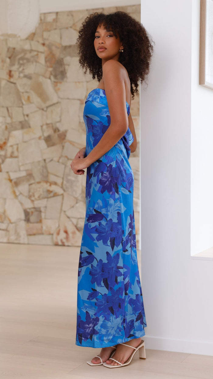 Strapless Blue Floral Open-Back Maxi Dress