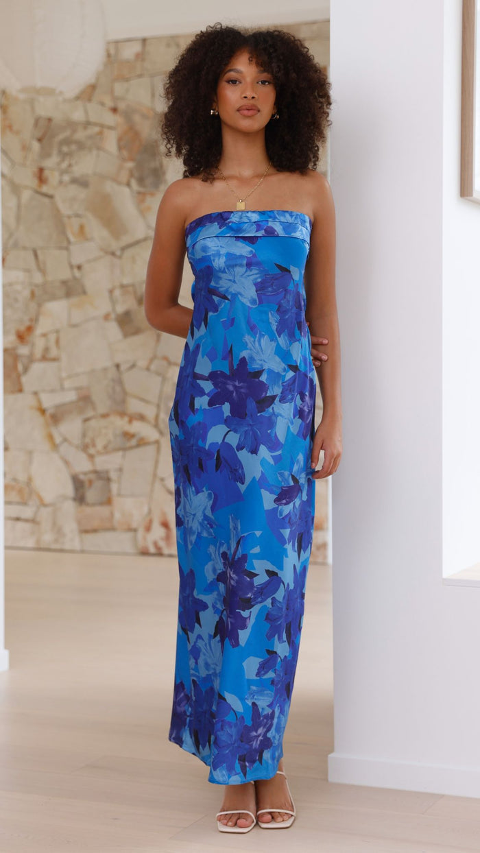 Strapless Blue Floral Open-Back Maxi Dress