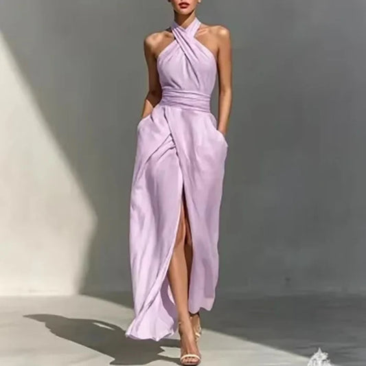 Valentina | Off-Shoulder Halter Front Split Maxi Dress