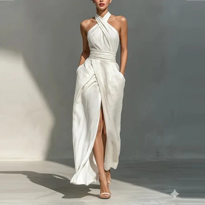 Valentina | Off-Shoulder Halter Front Split Maxi Dress