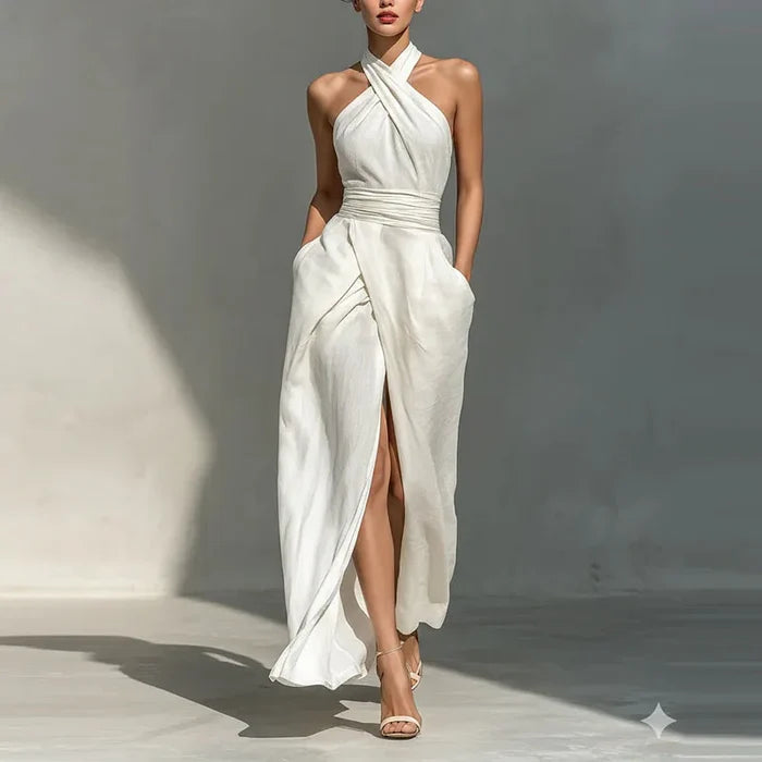Valentina | Off-Shoulder Halter Front Split Maxi Dress