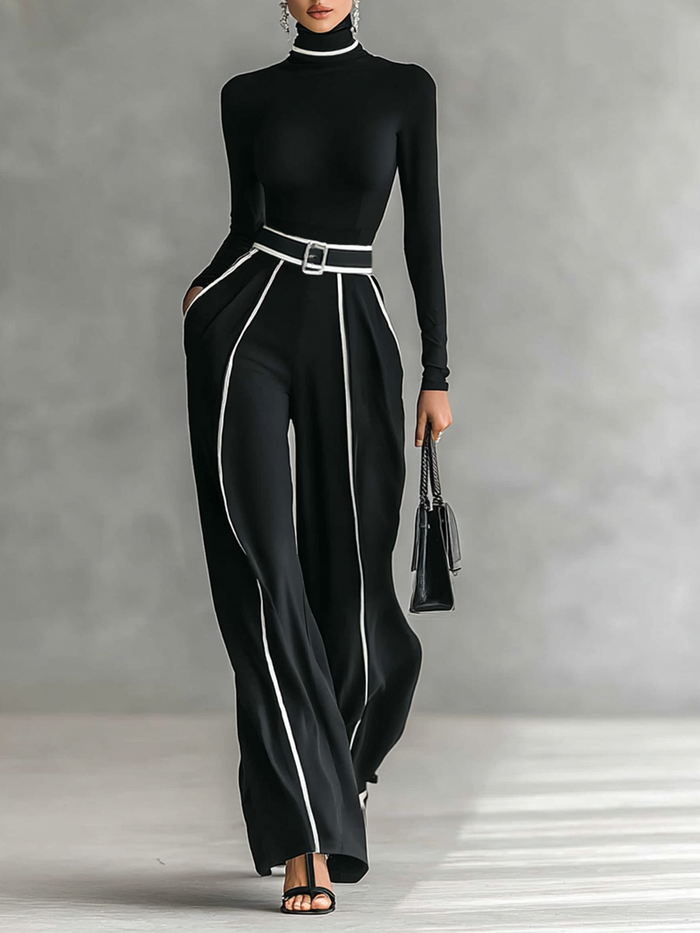 White Trim Turtleneck Top & Wide-Leg Pants Set
