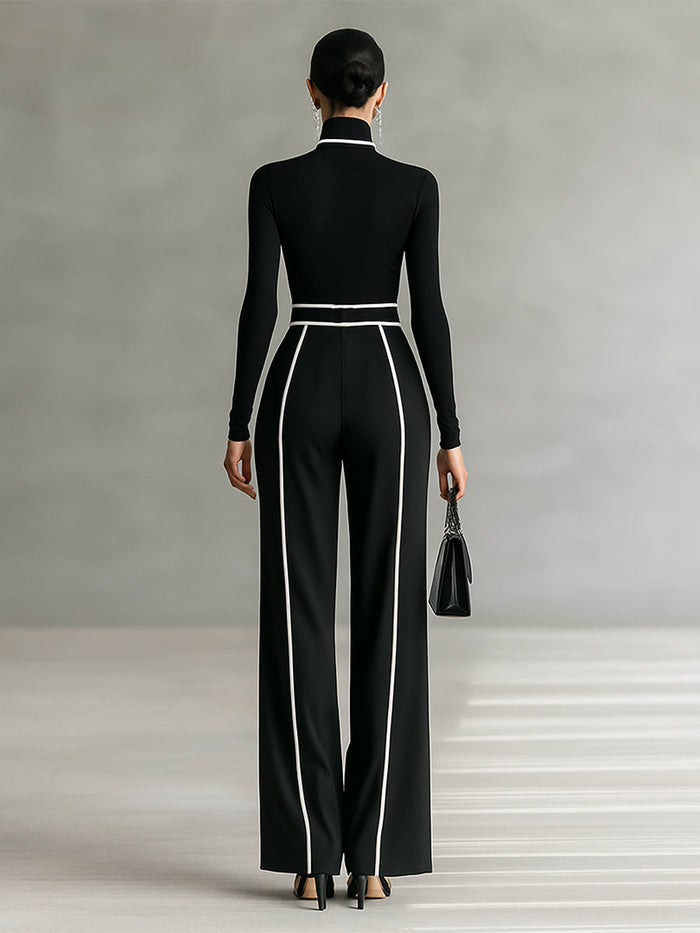 White Trim Turtleneck Top & Wide-Leg Pants Set