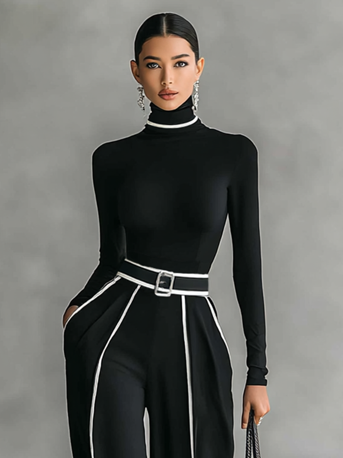White Trim Turtleneck Top & Wide-Leg Pants Set