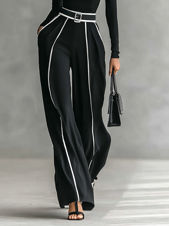 White Trim Turtleneck Top & Wide-Leg Pants Set
