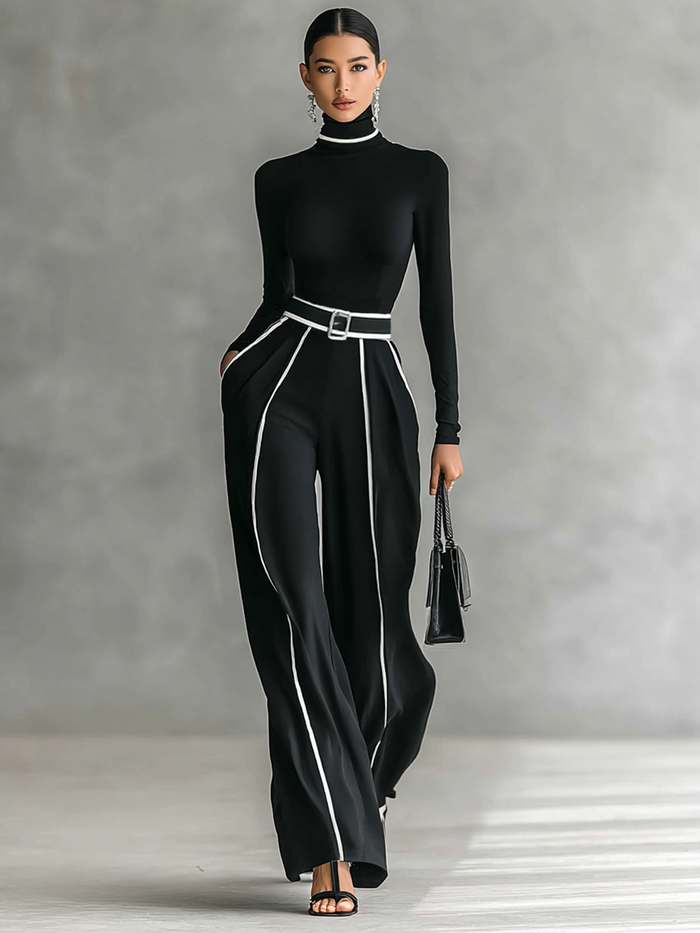 White Trim Turtleneck Top & Wide-Leg Pants Set