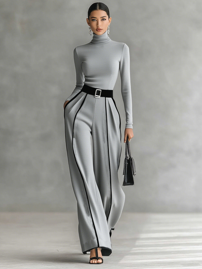 White Trim Turtleneck Top & Wide-Leg Pants Set