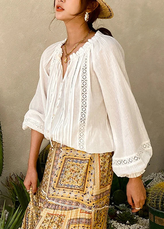 White V-Neck Lantern Sleeve Cotton Shirt