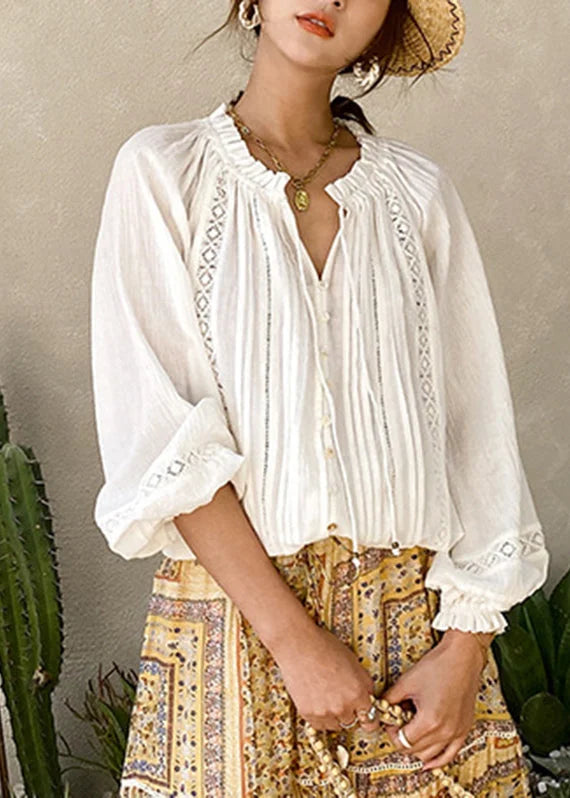White V-Neck Lantern Sleeve Cotton Shirt
