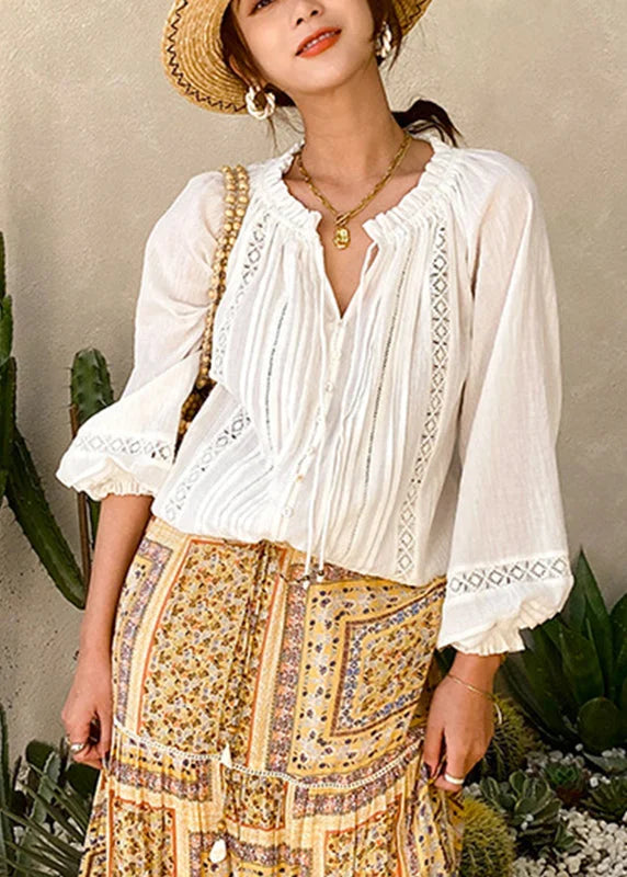 White V-Neck Lantern Sleeve Cotton Shirt