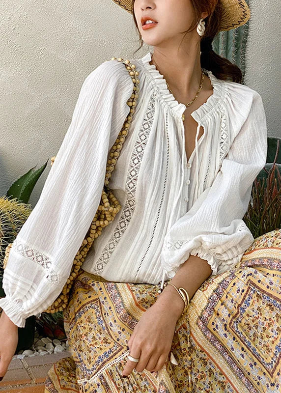 White V-Neck Lantern Sleeve Cotton Shirt