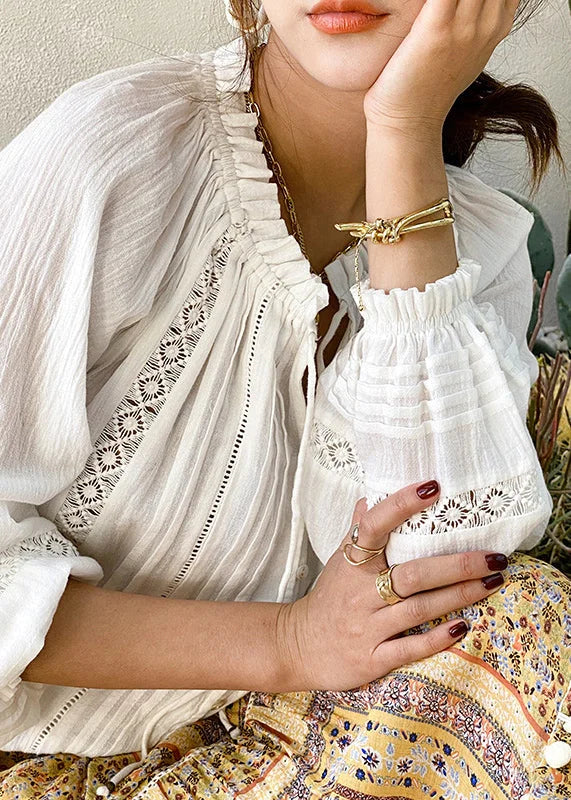 White V-Neck Lantern Sleeve Cotton Shirt