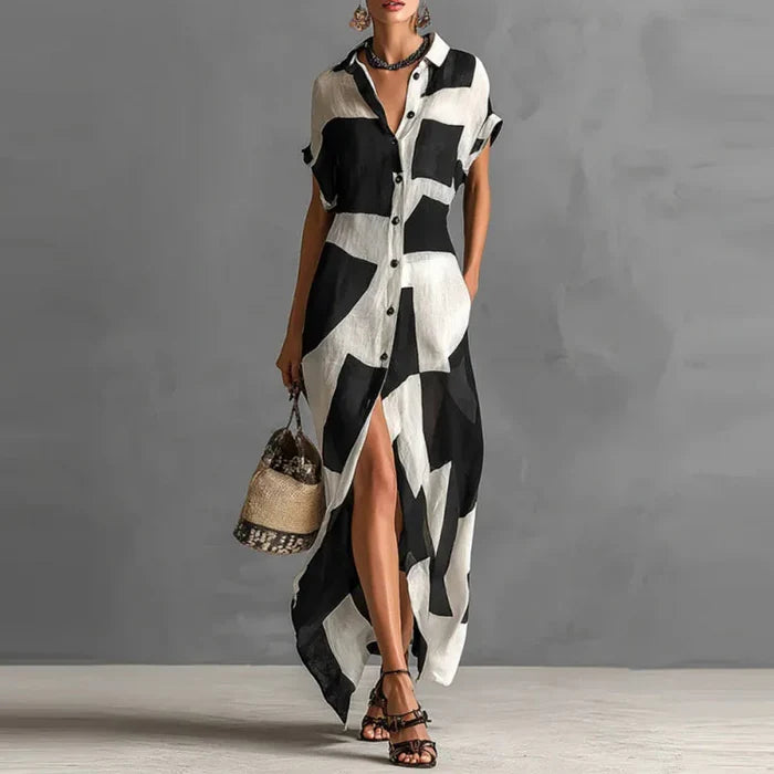 Zaria | Geometric Button Lapel Split Maxi Dress