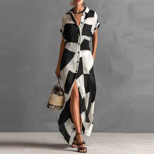 Zaria | Geometric Button Lapel Split Maxi Dress