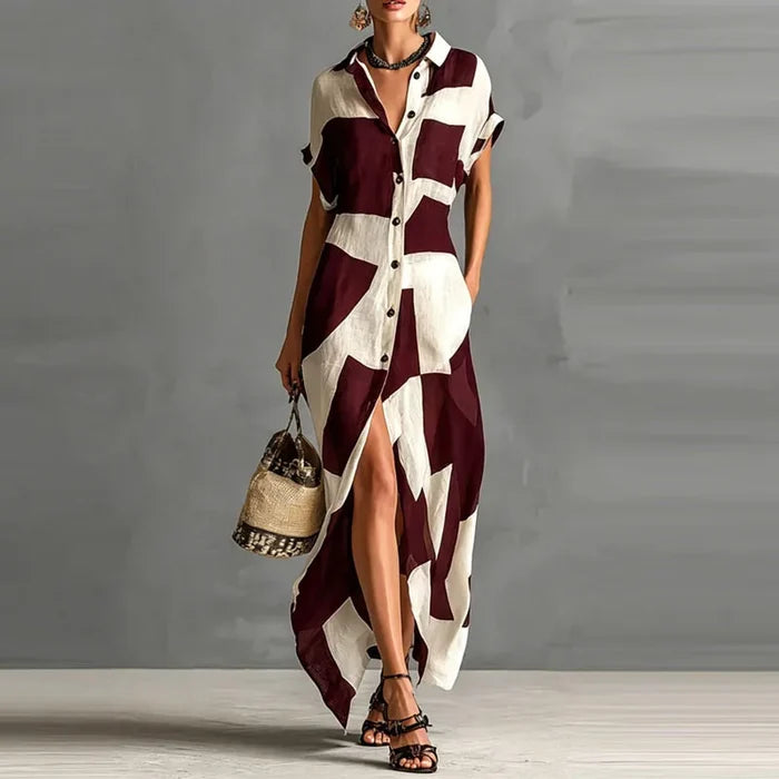 Zaria | Geometric Button Lapel Split Maxi Dress