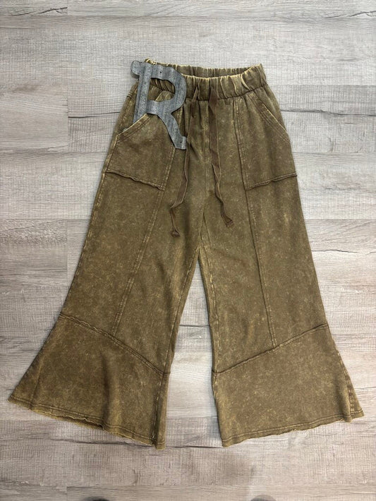 Zenana New Acid Washed Flare Hem Olive Green